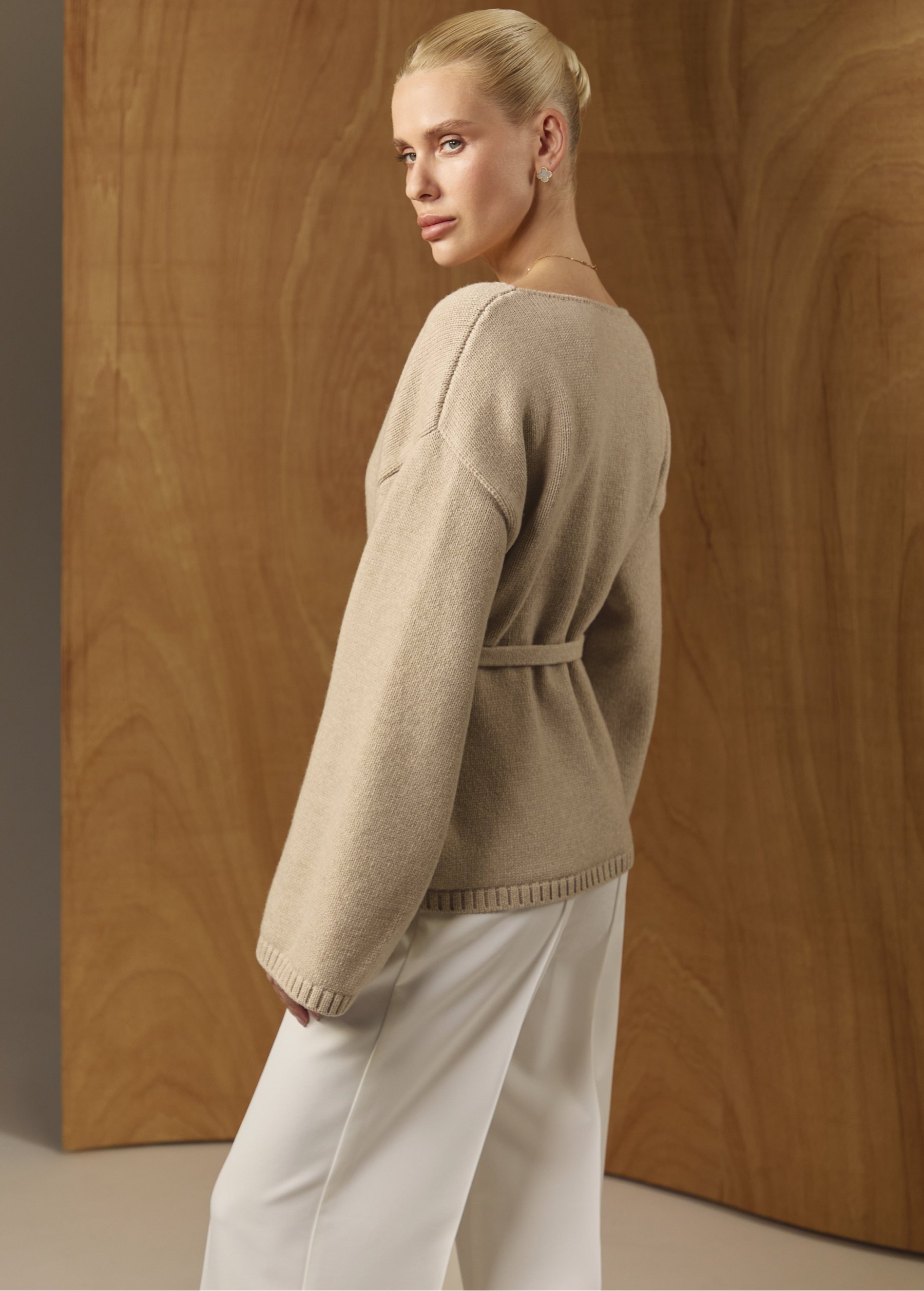Women's cardigan sand, Mareoni — on model, side view