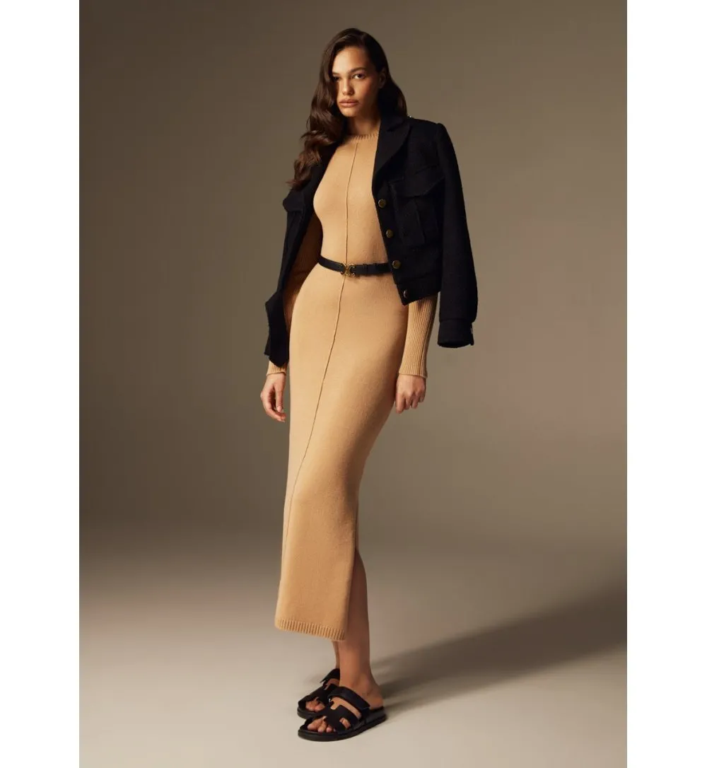 Basic merino wool midi dress with slits